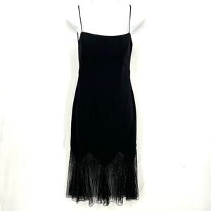 Black Beaded Lace Fringe Open Back Goth Deco Prom Occasion Midi Dress Vtg sz 6